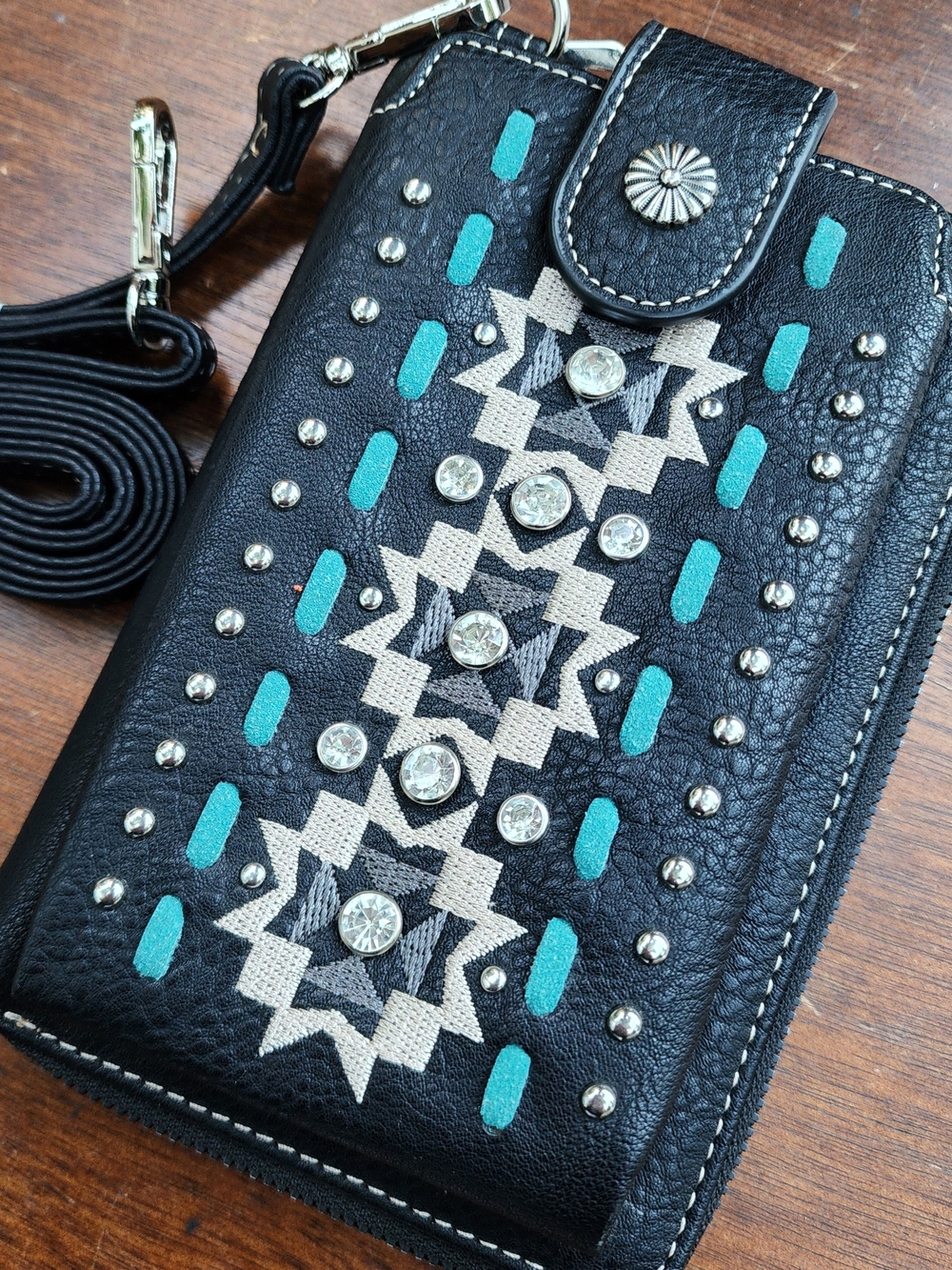 NWOT American Bling Montana West Aztec Embroidered Crossbody Wallet Purse Black